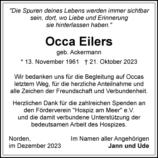 Traueranzeige von Occa Eilers von Ostfriesischer Kurier GmbH