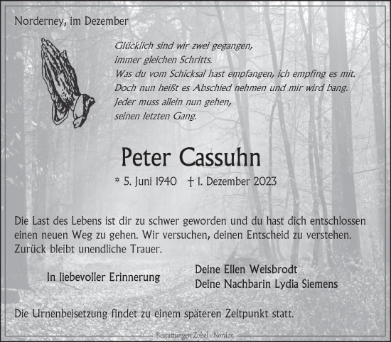Traueranzeige von Peter Cassuhn von Ostfriesischer Kurier GmbH