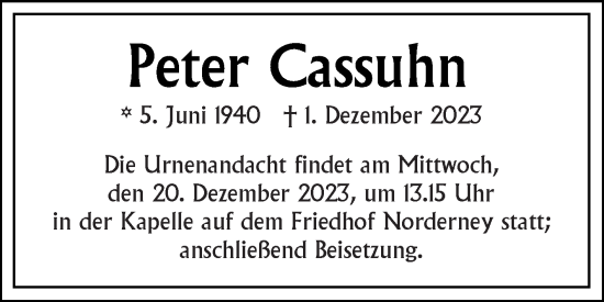 Traueranzeige von Peter Cassuhn von Ostfriesischer Kurier GmbH