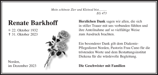 Traueranzeige von Renate Barkhoff von Ostfriesischer Kurier GmbH