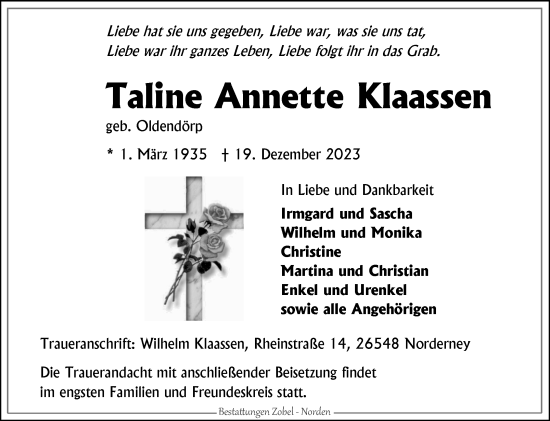 Traueranzeige von Taline Annette Klaassen von Ostfriesischer Kurier GmbH
