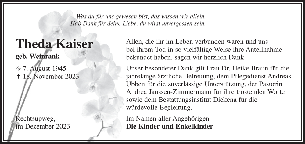  Traueranzeige für Theda Kaiser vom 16.12.2023 aus Ostfriesischer Kurier GmbH