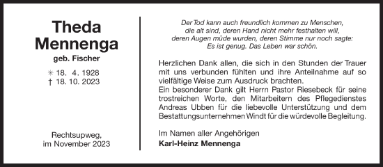 Traueranzeige von Theda Mennenga von Ostfriesischer Kurier GmbH