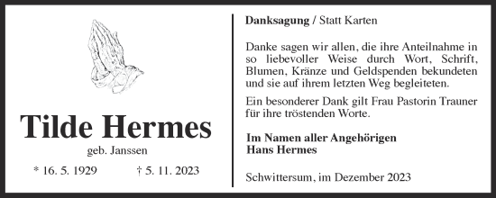Traueranzeige von Tilde Hermes von Ostfriesischer Kurier GmbH