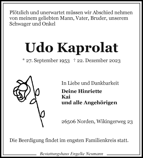 Traueranzeige von Udo Kaprolat von Ostfriesischer Kurier GmbH