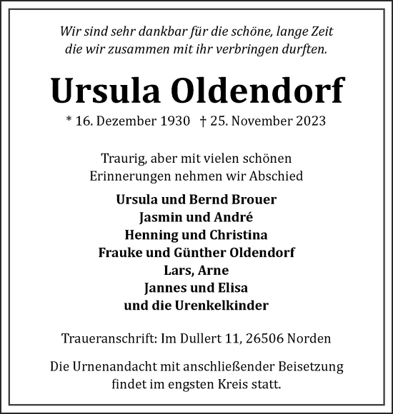 Traueranzeige von Ursula Oldendorf von Ostfriesischer Kurier GmbH