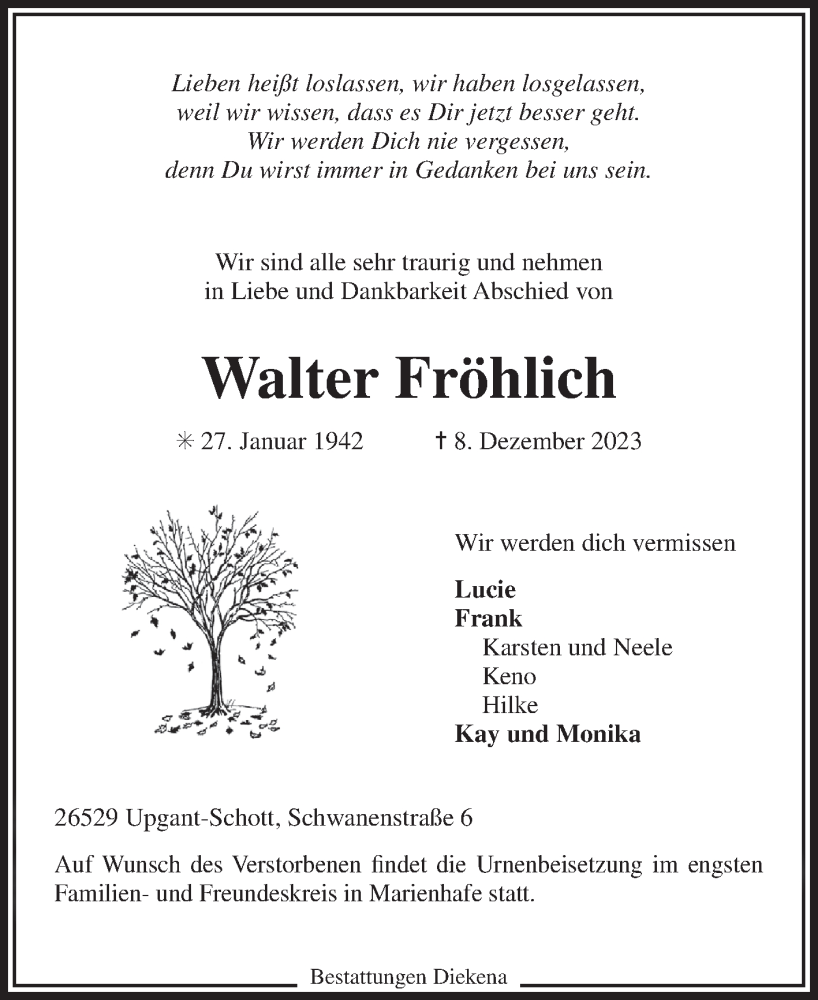  Traueranzeige für Walter Fröhlich vom 12.12.2023 aus Ostfriesischer Kurier GmbH