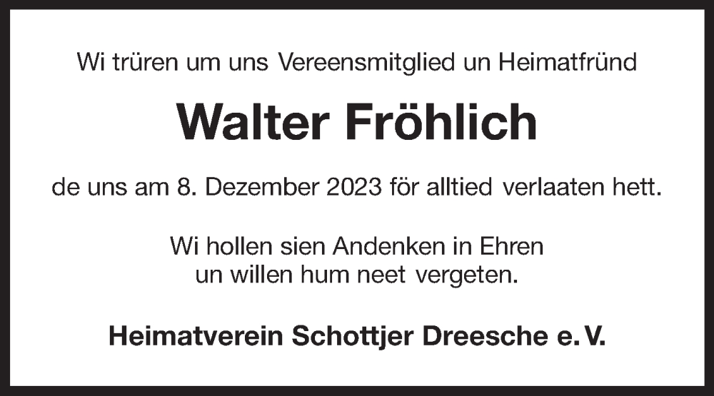  Traueranzeige für Walter Fröhlich vom 16.12.2023 aus Ostfriesischer Kurier GmbH