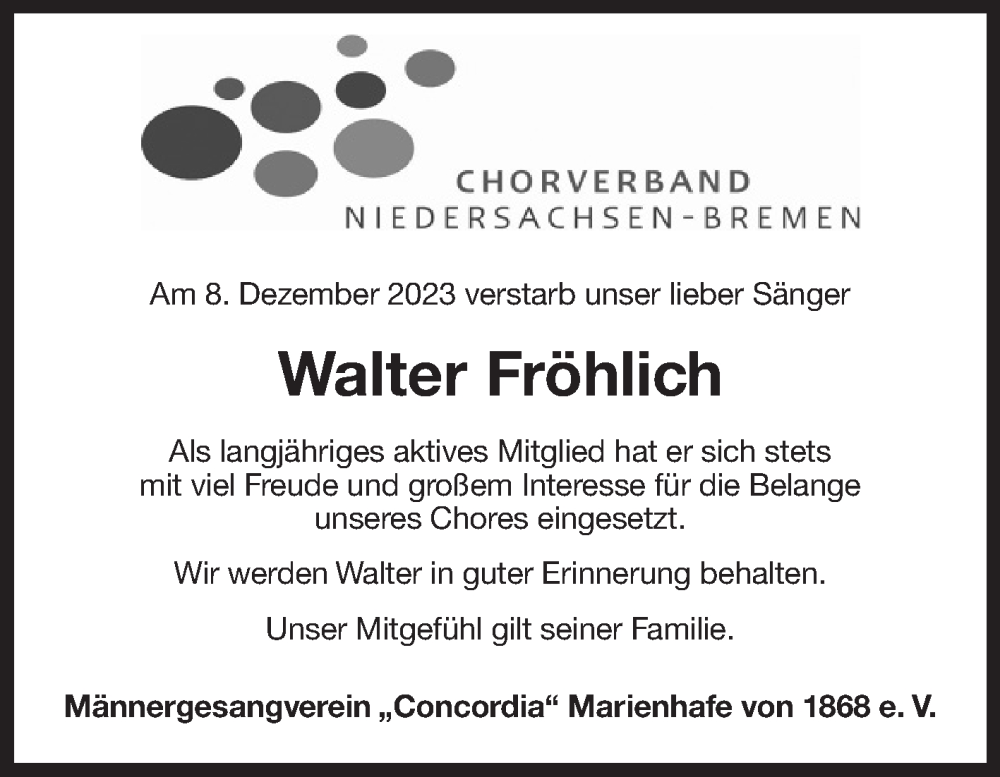  Traueranzeige für Walter Fröhlich vom 13.12.2023 aus Ostfriesischer Kurier GmbH