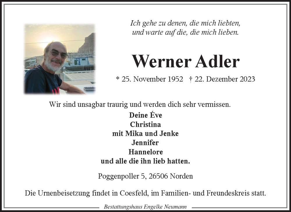  Traueranzeige für Werner Adler vom 30.12.2023 aus Ostfriesischer Kurier GmbH