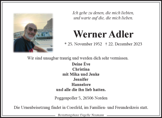 Traueranzeige von Werner Adler von Ostfriesischer Kurier GmbH