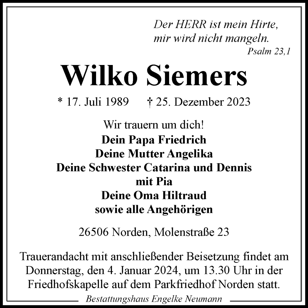  Traueranzeige für Wilko Siemers vom 30.12.2023 aus Ostfriesischer Kurier GmbH