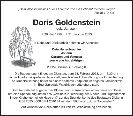 Traueranzeige von Doris Goldenstein von Ostfriesischer Kurier GmbH