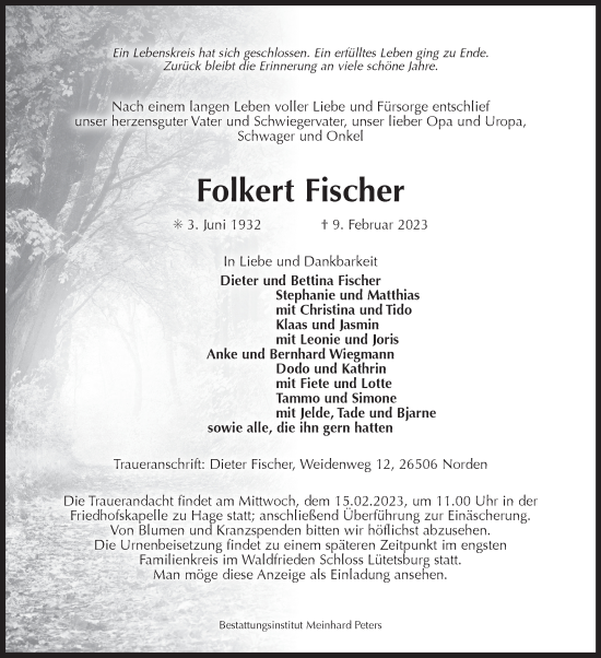 Traueranzeige von Folkert Fischer von Ostfriesischer Kurier GmbH