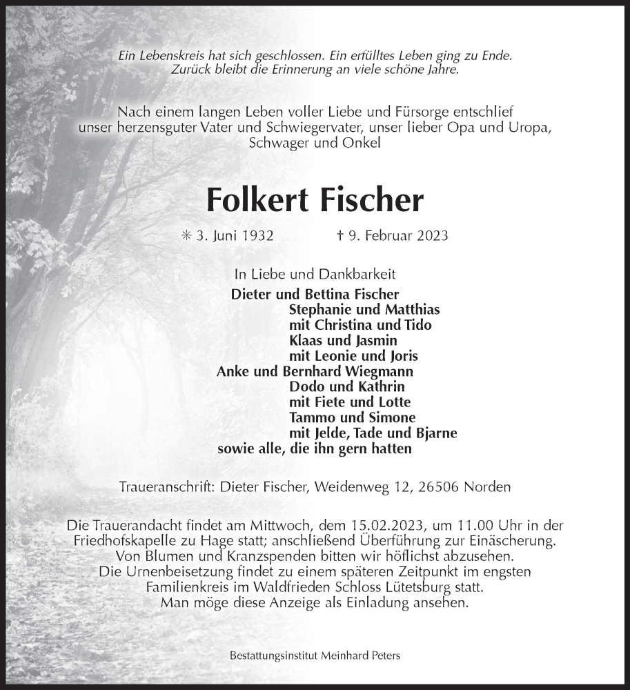  Traueranzeige für Folkert Fischer vom 11.02.2023 aus Ostfriesischer Kurier GmbH