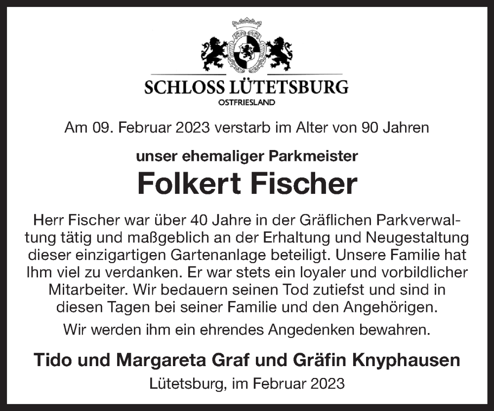  Traueranzeige für Folkert Fischer vom 15.02.2023 aus Ostfriesischer Kurier GmbH