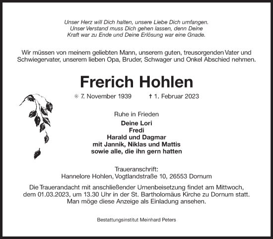 Traueranzeige von Frerich Hohlen von Ostfriesischer Kurier GmbH