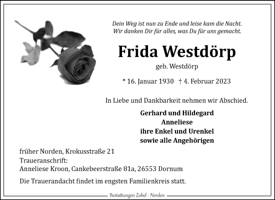 Traueranzeige von Frida Westdörp von Ostfriesischer Kurier GmbH