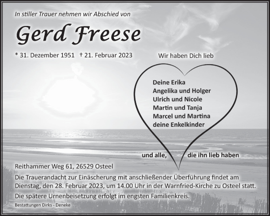 Traueranzeige von Gerd Freese von Ostfriesischer Kurier GmbH