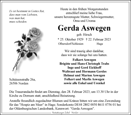 Traueranzeige von Gerda Aswegen von Ostfriesischer Kurier / Norderneyer Badezeitung