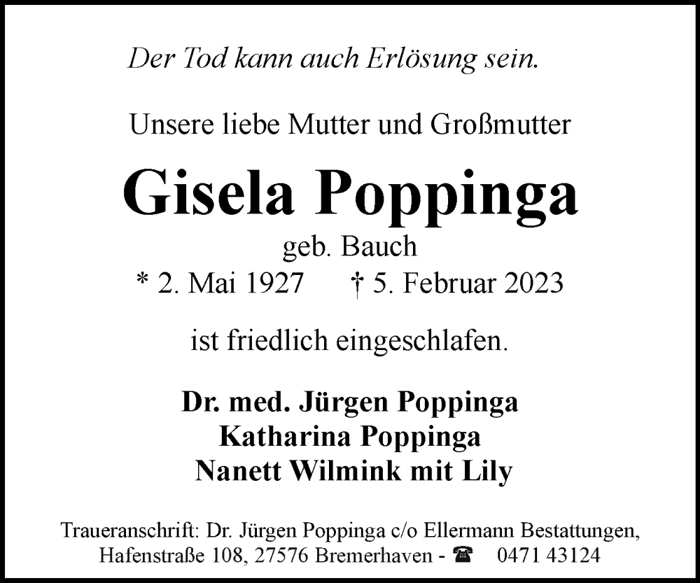  Traueranzeige für Gisela Poppinga vom 11.02.2023 aus Ostfriesischer Kurier GmbH