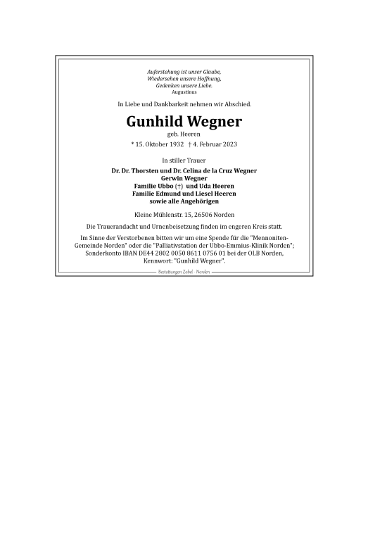 Traueranzeige von Gunhild Wegner von Ostfriesischer Kurier GmbH