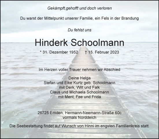 Traueranzeige von Hinderk Schoolmann von Ostfriesischer Kurier GmbH