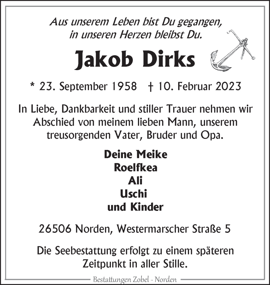  Traueranzeige für Jakob Dirks vom 11.02.2023 aus Ostfriesischer Kurier GmbH