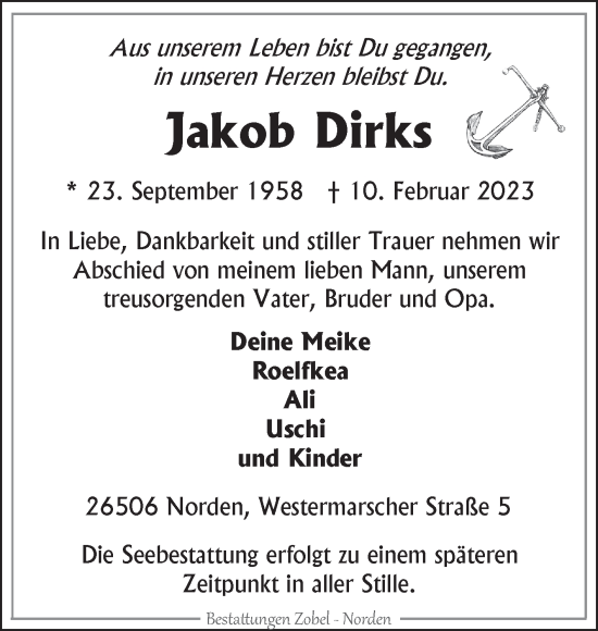 Traueranzeige von Jakob Dirks von Ostfriesischer Kurier GmbH