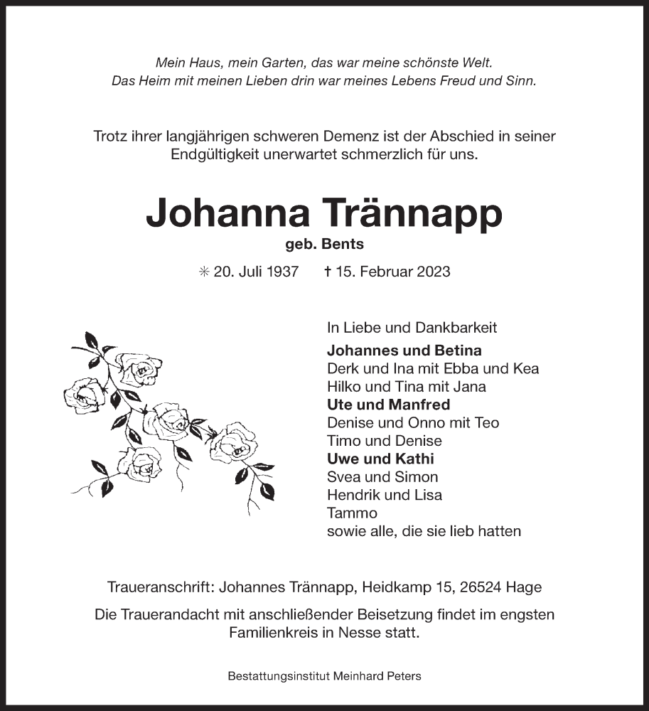  Traueranzeige für Johanna Trännapp vom 18.02.2023 aus Ostfriesischer Kurier GmbH