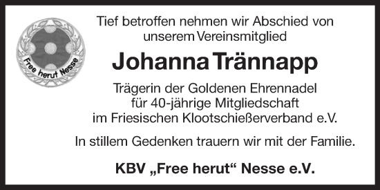 Traueranzeige von Johanna Trännapp von Ostfriesischer Kurier GmbH