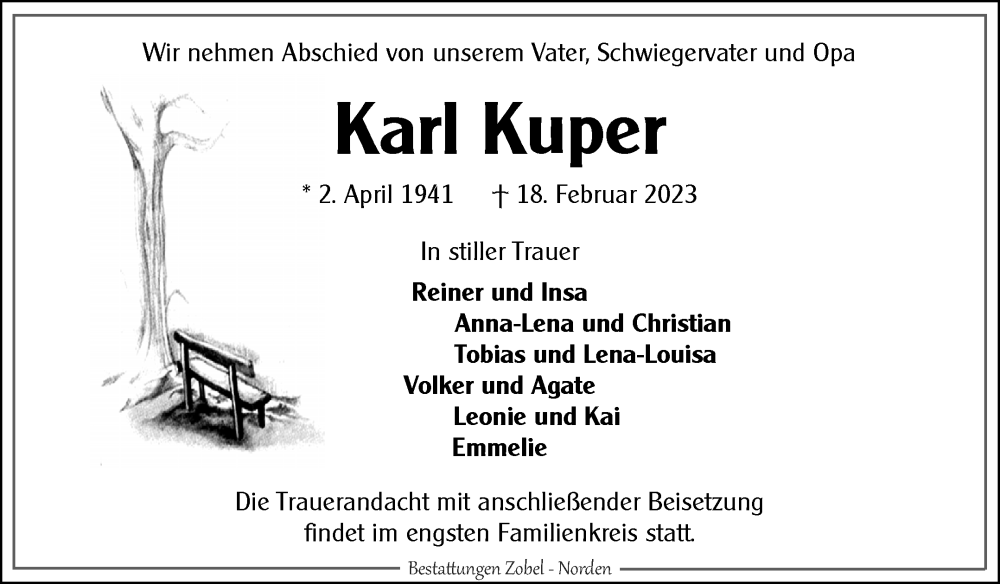  Traueranzeige für Karl Kuper vom 20.02.2023 aus Ostfriesischer Kurier GmbH