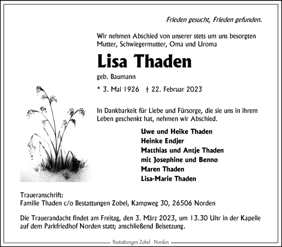 Traueranzeige von Lisa Thaden von Ostfriesischer Kurier / Norderneyer Badezeitung