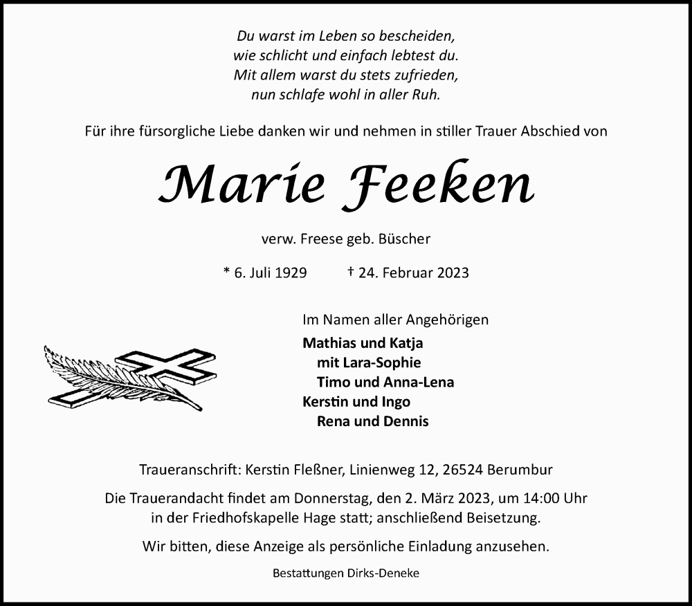  Traueranzeige für Marie Feeken vom 27.02.2023 aus Ostfriesischer Kurier / Norderneyer Badezeitung