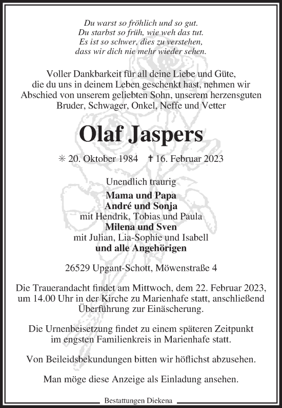 Traueranzeige von Olaf Jaspers von Ostfriesischer Kurier GmbH