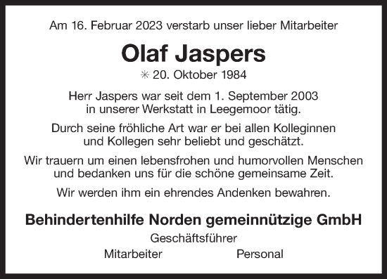 Traueranzeige von Olaf Jaspers von Ostfriesischer Kurier GmbH