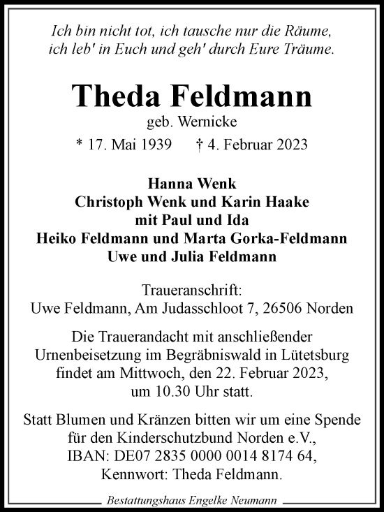 Traueranzeige von Theda Feldmann von Ostfriesischer Kurier GmbH