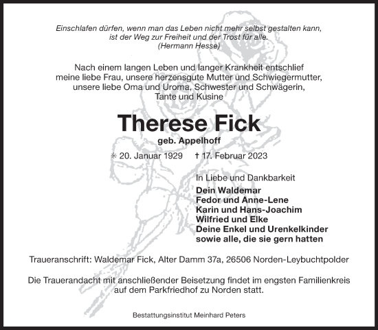 Traueranzeige von Therese Fick von Ostfriesischer Kurier GmbH
