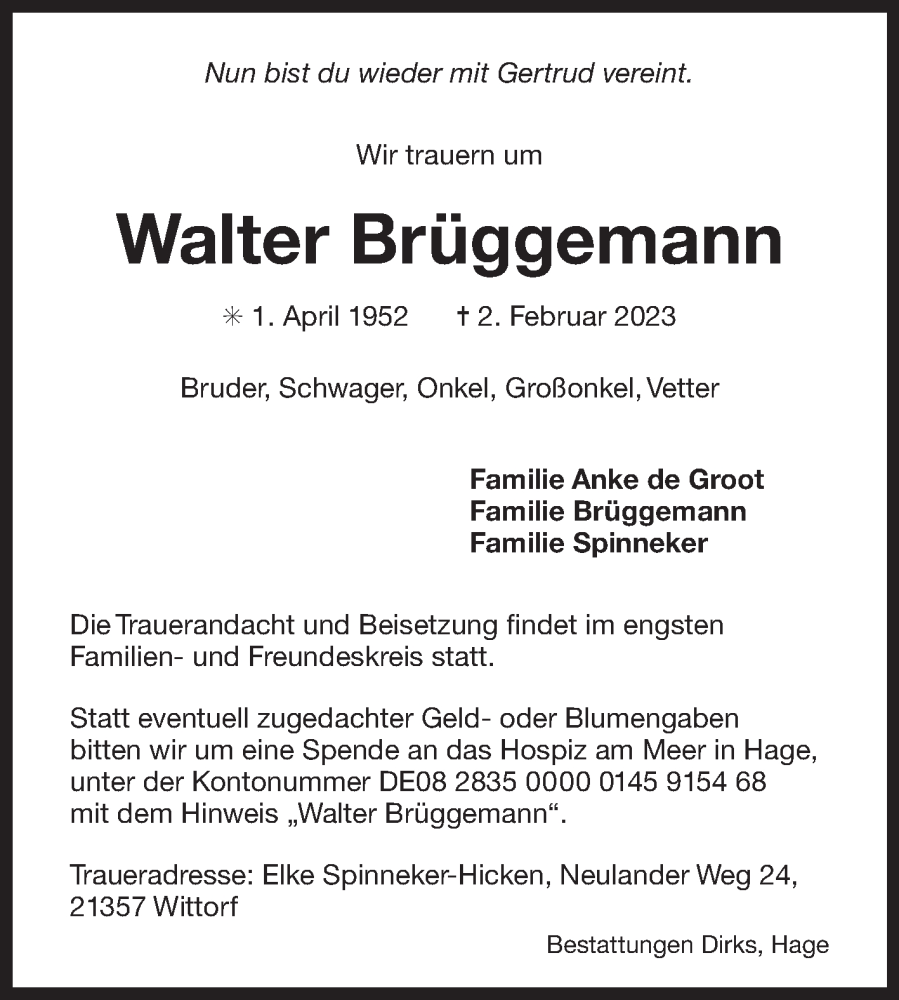  Traueranzeige für Walter Brüggemann vom 04.02.2023 aus Ostfriesischer Kurier GmbH