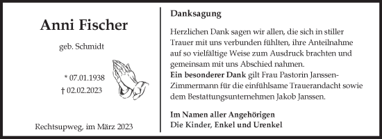 Traueranzeige von Anni Fischer von Ostfriesischer Kurier GmbH