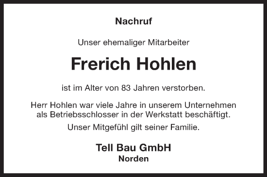 Traueranzeige von Frerich Hohlen von Ostfriesischer Kurier GmbH