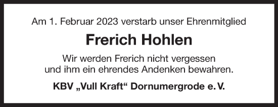 Traueranzeige von Frerich Hohlen von Ostfriesischer Kurier GmbH