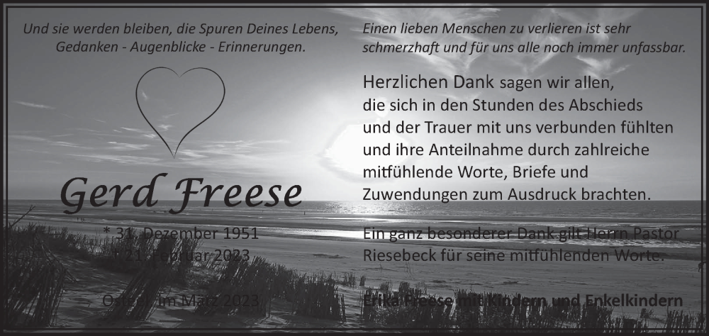  Traueranzeige für Gerd Freese vom 25.03.2023 aus Ostfriesischer Kurier GmbH
