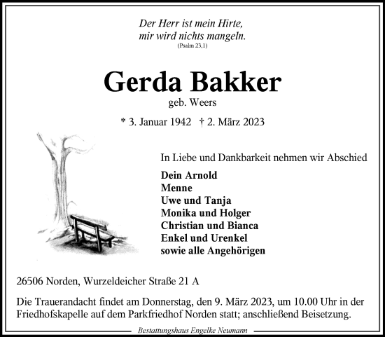 Traueranzeige von Gerda Bakker von Ostfriesischer Kurier GmbH