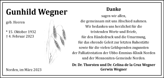 Traueranzeige von Gunhild Wegner von Ostfriesischer Kurier GmbH
