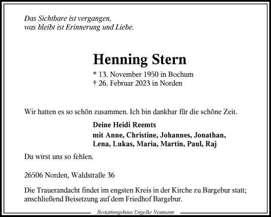 Traueranzeige von Henning Stern von Ostfriesischer Kurier GmbH