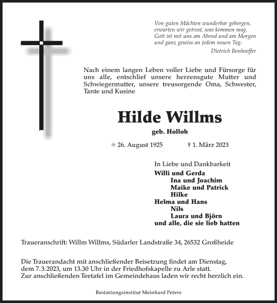 Traueranzeige von Hilde Willms von Ostfriesischer Kurier GmbH