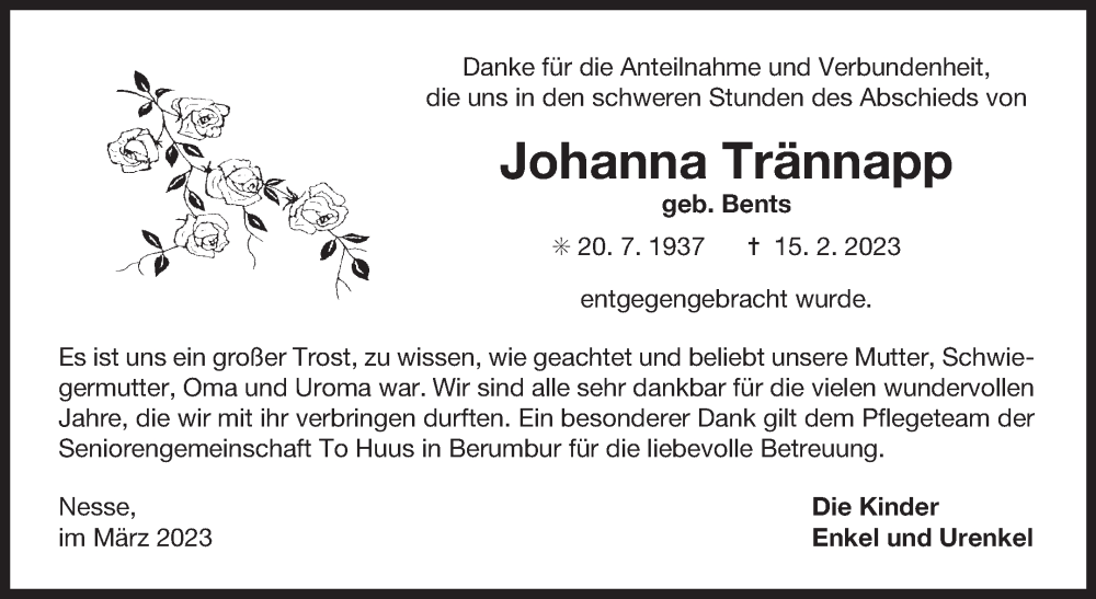  Traueranzeige für Johanna Trännapp vom 11.03.2023 aus Ostfriesischer Kurier GmbH