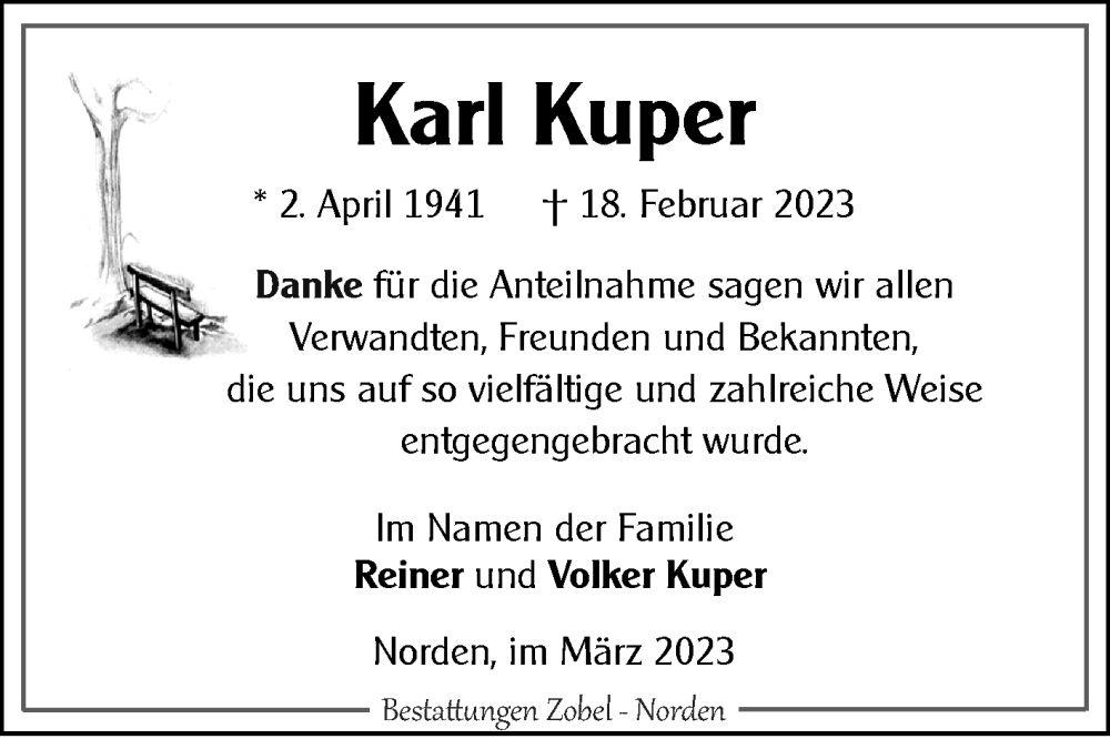  Traueranzeige für Karl Kuper vom 25.03.2023 aus Ostfriesischer Kurier GmbH