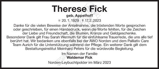 Traueranzeige von Therese Fick von Ostfriesischer Kurier GmbH